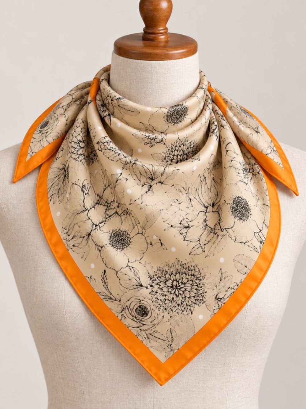 Beige Floral Sketch Square Scarf with Orange Border